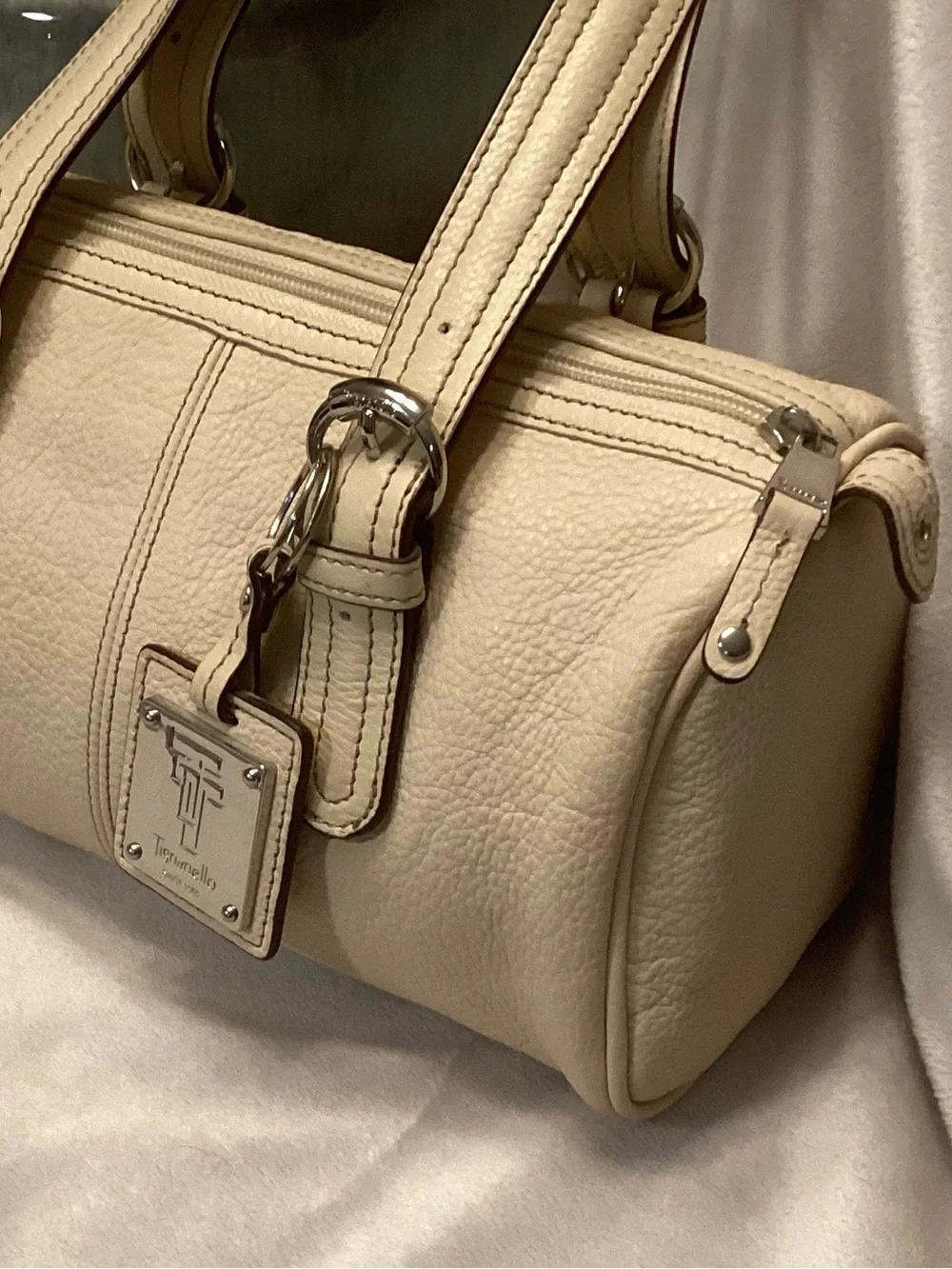 Vintage Tiganello Barrel Satchel cream color pebbled leather